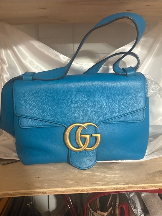 Gucci Handbags - Gucci Blue Leather Marmont Shoulder Bag with Gold Double G